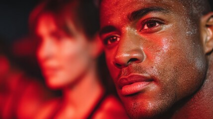 Closeup portrait of a determined athlete, face glistening with sweat under dramatic red lighting, showcasing intense focus and physical exertion