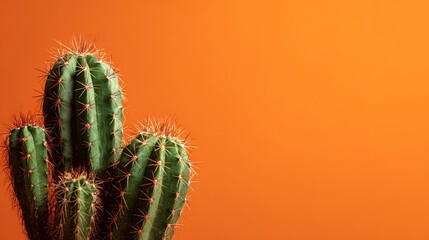 Cactus with sharp spines on an orange background close up