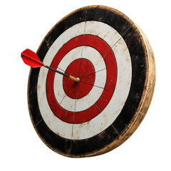 Arrow hits the bullseye on a vintage target with red and white concentric circles symbolizing success and precision in achieving goals and objectives on transparent background