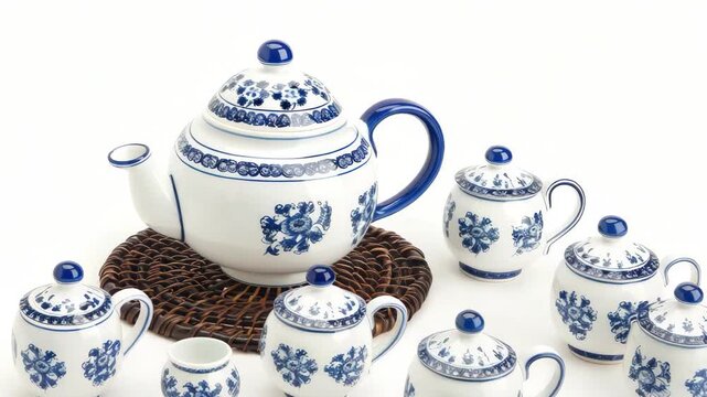 A beautiful porcelain tea set featuring a teapot and matching cups, all adorned with delicate floral designs on a woven mat