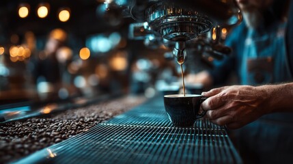 Barista expertly preparing a rich espresso shot from a professional coffee machine into a dark cup, surrounded by roasted coffee beans in a cozy cafe