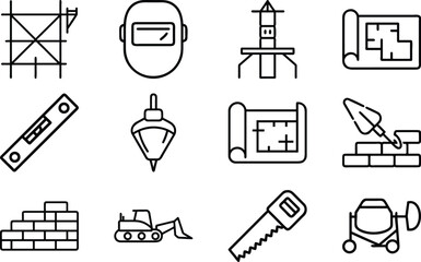 Construction tools and equipment icons including blueprints and scaffolding vector