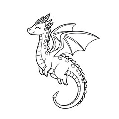 A cute and friendly cartoon baby dragon with wings flying happily black and white line art illustration.