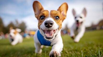 A group of playful dogs enjoying a sunny day in the park, showcasing their joyful spirits and friendly nature in a lush green meadow.