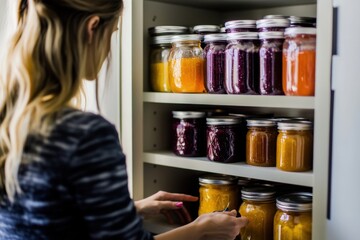 Woman organizing jars of homemade preserves in a wooden pantry shelf in natural light