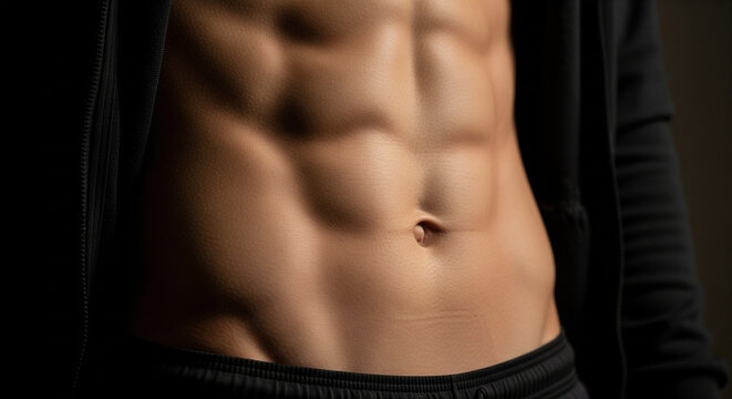 A close-up, mid-section view of a man's sculpted, muscular abdomen. The photograph showcases his well-defined six-pack abs and toned core