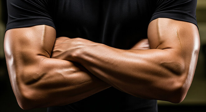 A close-up, cropped shot focuses on the muscular arms of a man. His arms are crossed in a powerful, confident pose, with veins visible beneath the skin - Powered by Adobe