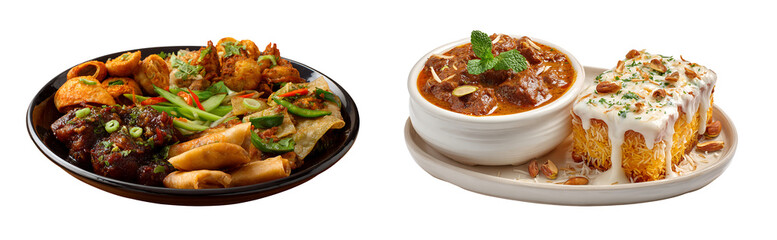 Fototapeta premium A diverse assortment of dishes featuring appetizers and a rich meat stew with cake on white background