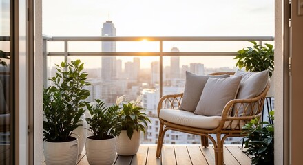 A cozy wicker armchair and green potted plants on a modern balcony overlooking a city skyline at sunset.