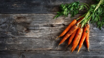 Carrots with fresh greens arranged on a gray wooden table