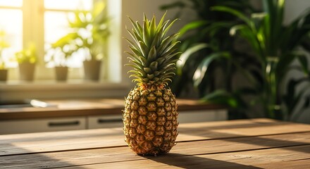 A whole pineapple sits on a wooden table in a sunlit room