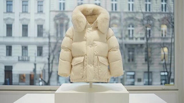 This showcase highlights a chic white puffer jacket among urban architecture, emphasizing fashion trends for the winter season