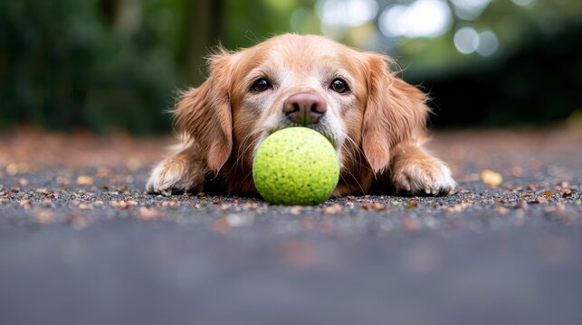 A joyful golden retriever dog plays with a ball in a lush green field, embodying happiness and active playfulness on a sunny day. - Powered by Adobe