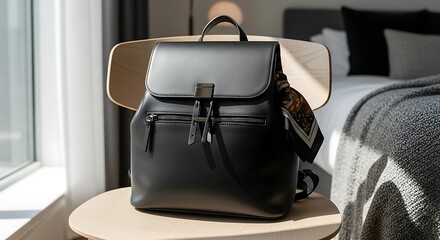 Fototapeta premium Stylish black leather backpack with buckle and zipper details
