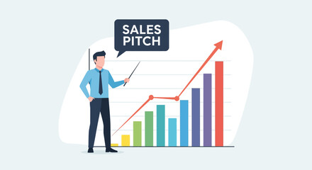 Professional businessman delivering a successful presentation with a rising growth chart, illustrating a strategic sales plan