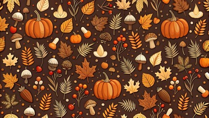Vector art of seamless autumn pattern with pumpkins, leaves, and mushrooms for a cozy fall aesthetic design