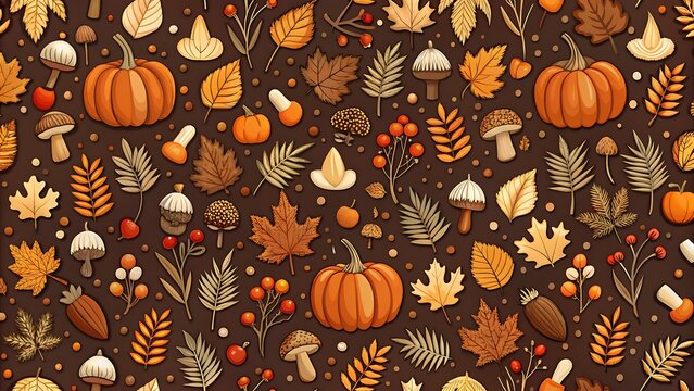 Vector art of seamless autumn pattern with pumpkins, leaves, and mushrooms for a cozy fall aesthetic design