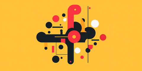 Colorful geometric pattern using bold shapes and vibrant colors on a bright yellow background