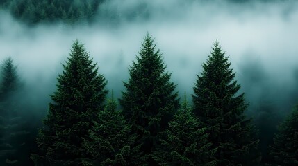 Fototapeta premium A misty landscape featuring a fir forest, captured in vintage retro style, evoking a serene and atmospheric natural beauty.