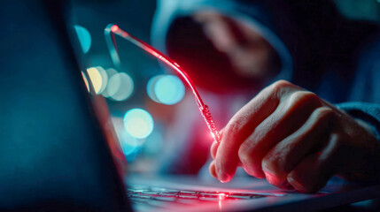 Hooded hacker using a glowing fishing hook and laptop, symbolizing phishing, cybercrime, and online threats