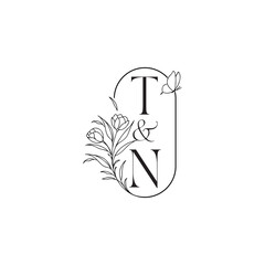 caligraphic style monogram luxury minimalist logo design TN wedding initial concept alphabet letter
