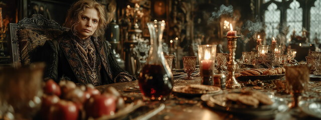 Obraz premium Mysterious figure seated at an ornate dining table with candles
