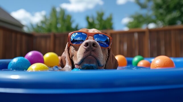 A playful dog in sunglasses splashes in a kiddie pool filled with colorful balls, enjoying a sunny summer day in the backyard.