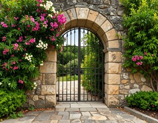 Fototapeta premium An arched stone gate, adorned with vibrant pink and white flowers, opens into a tranquil garden setting.