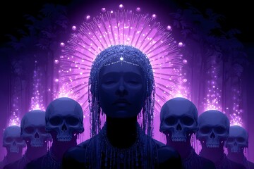 "Mystical Figure with Purple Aura and Skulls"
