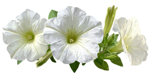 Three delicate white flowers with green stems and leaves