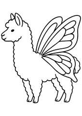 Black and white vector illustration of a cute cartoon llama with butterfly wings, perfect for engraving, prints, laser engraving, and creative projects