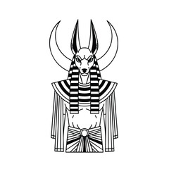 A striking black and white line art illustration of the ancient Egyptian god Anubis with a jackal head and crescent moons.