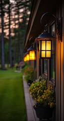 Evening garden lighting.  A row of  dark wall sconces, illuminated with warm yellow light, flank a house's exterior wall.  Blurred garden and trees are in the background