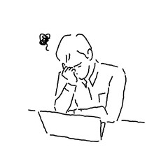 Male office worker stressed and thinking hard in front of a computer, monochrome drawing