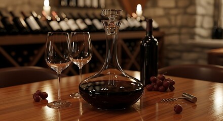 Wine decanter with glasses and grapes on a table