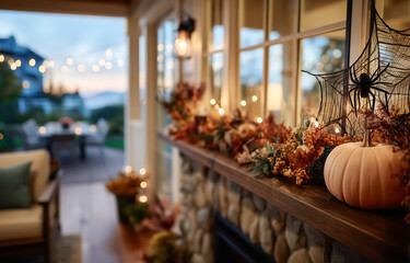 Fototapeta premium Cozy autumn decor featuring pumpkin and festive lights on porch