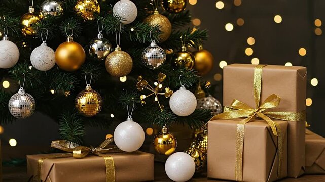 Christmas tree with gold silver  white ornaments stands beside wrapped gifts adorned with gold ribbons String lights glow softly in the background