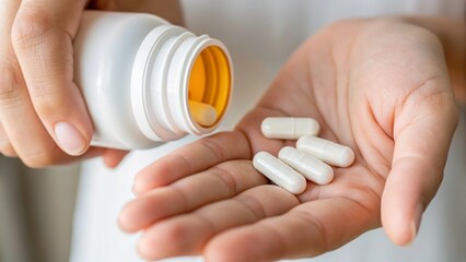 pouring two white capsules into the open left hand. 