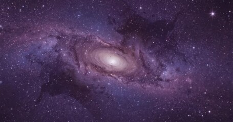 Spiral galaxy remaining stationary in deep space, with bright core, flickering stars and dust lanes - Powered by Adobe