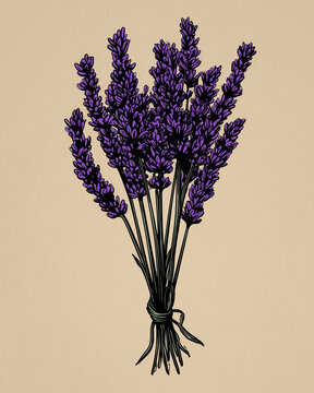 Mazzo di lavanda viola legato con spago su carta beige, illustrazione botanica isolata. Elemento grafico per packaging, etichette, saponi, profumi, erboristeria, wedding e poster; facile scontorno.