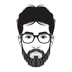 Black and white vector illustration of a hipster man with glasses and a stylized patterned beard.