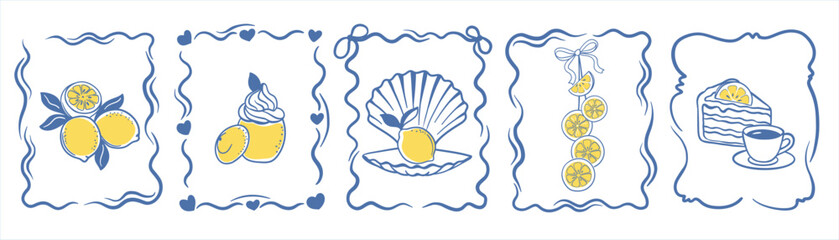 Vector set with lemons in decorative frames: fresh fruits, dessert with cream, lemon in shell, slices on ribbon, cake with tea. Perfect for food, design, packaging, cafe, kitchen decor