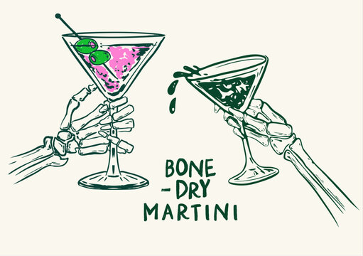 Skeleton hands holding Halloween cocktails, Hand- drawn Halloween Martini Drinks, Spooky Dry Martini drinks with olives