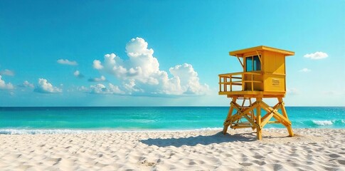 A vibrant summer scene featuring a classic lifeguard lookout tower on a sandy beach, overlooking a calm ocean Perfect for travel, summer, and safety-related projects , sky, vacation