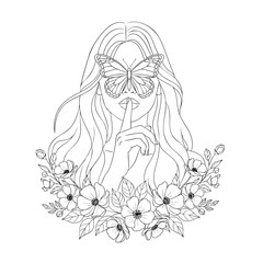 Delicate line art of a woman with a butterfly over her eyes making a shushing gesture.