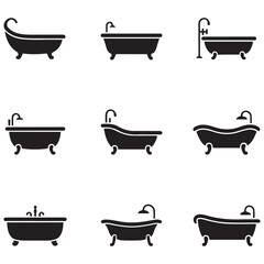 Set Bathtub vector icon sign symbol. Vector black silhouette. with white background