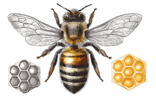 Ape mellifera stile incisione con ali aperte e celle esagonali del favo. Illustrazione scientifica isolata su bianco, ideale per etichette miele, apicoltura, editoria, infografiche e branding.
