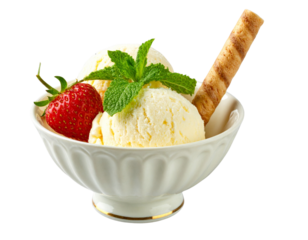 Vanilla Ice Cream in Porcelain Bowl with Strawberry, Mint, and Wafer Stick, Side Angle PNG
