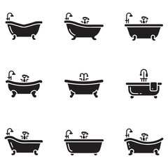 Set Bathtub vector icon sign symbol. Vector black silhouette. with white background