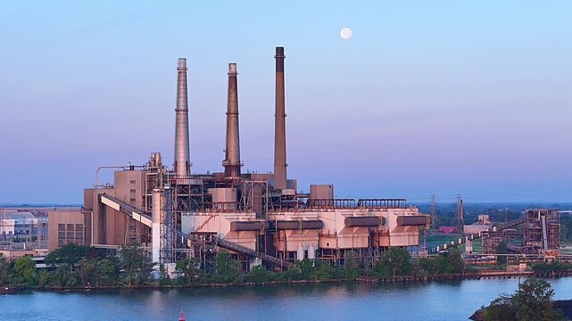 Moon above DTE River Rouge Plant near Detroit river during sunset in River Rouge, Michigan